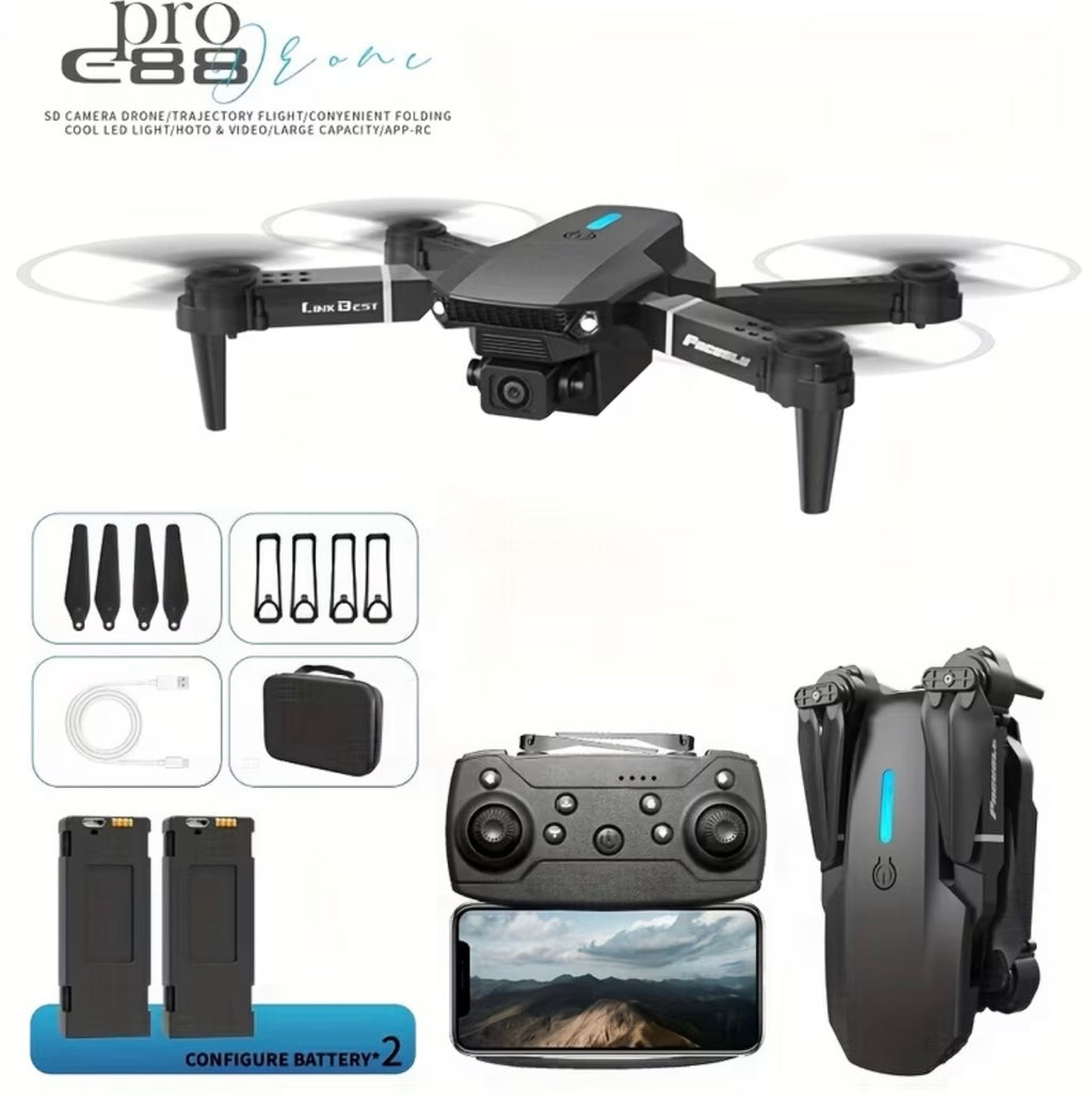 E88 Pro Drone with 4K HD Dual Camera 100m Remote Control Foldable Design 3-Axis Gimbal Smart GPS Mode Extended Flight Time Portable