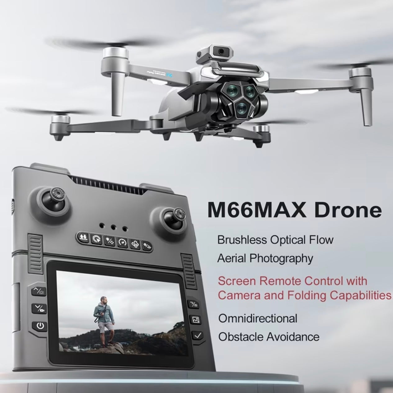 M66MAX Drone with Brushless Optical Flow Aerial Photography Screen Remote Control Camera Foldable Design Omnidirectional Obstacle Avoidance Portable Folding